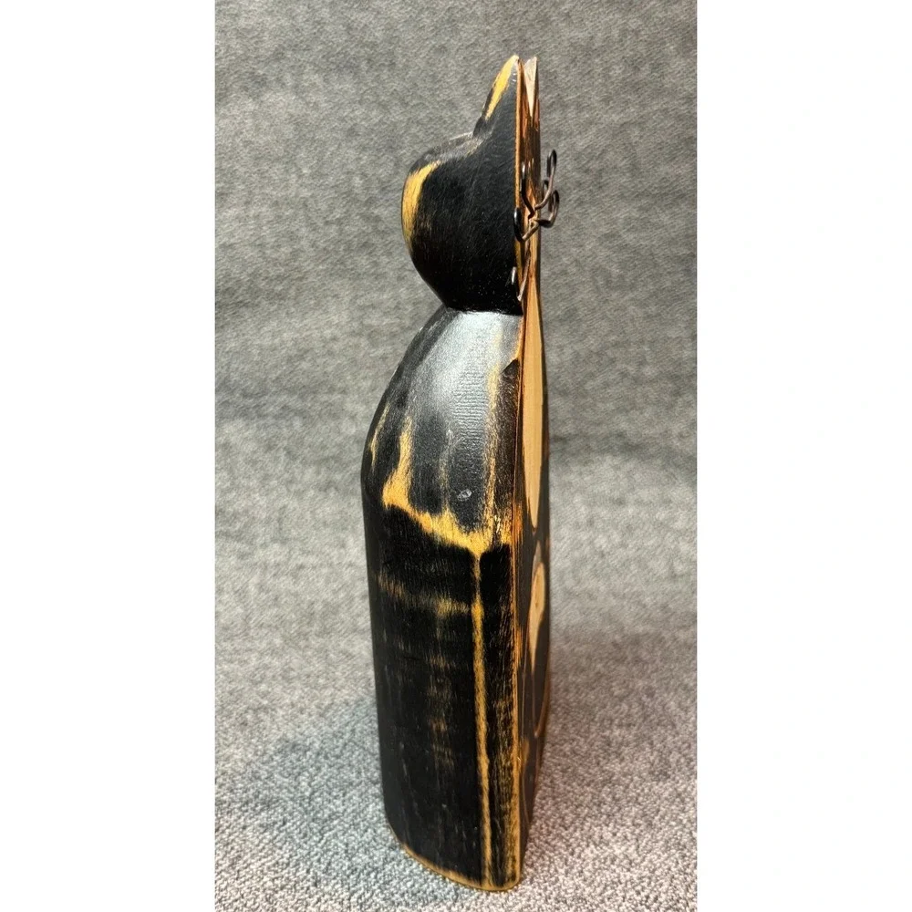 Wood Carved Black Cat Figurine Wire Whiskers Mouse Folk Art Statue Kitten Mice